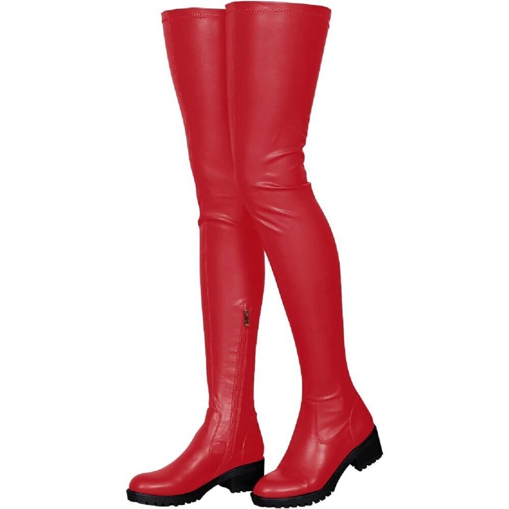 Women's Red Polyurethane Thigh High Over The Knee Rounded Toe Fashion Boots